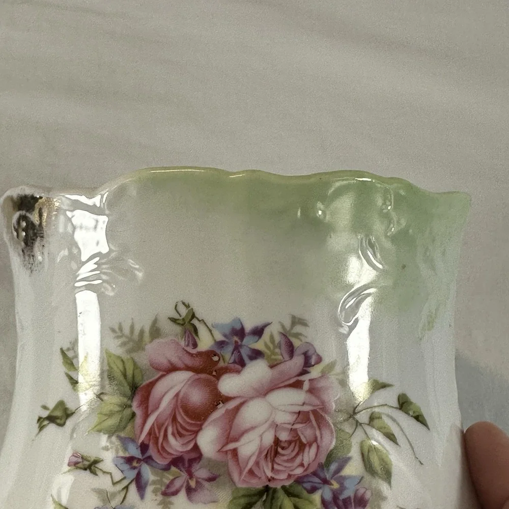 Antique Victorian Porcelain Biscuit Jar - Pink Roses & Violets - Green Ombre
